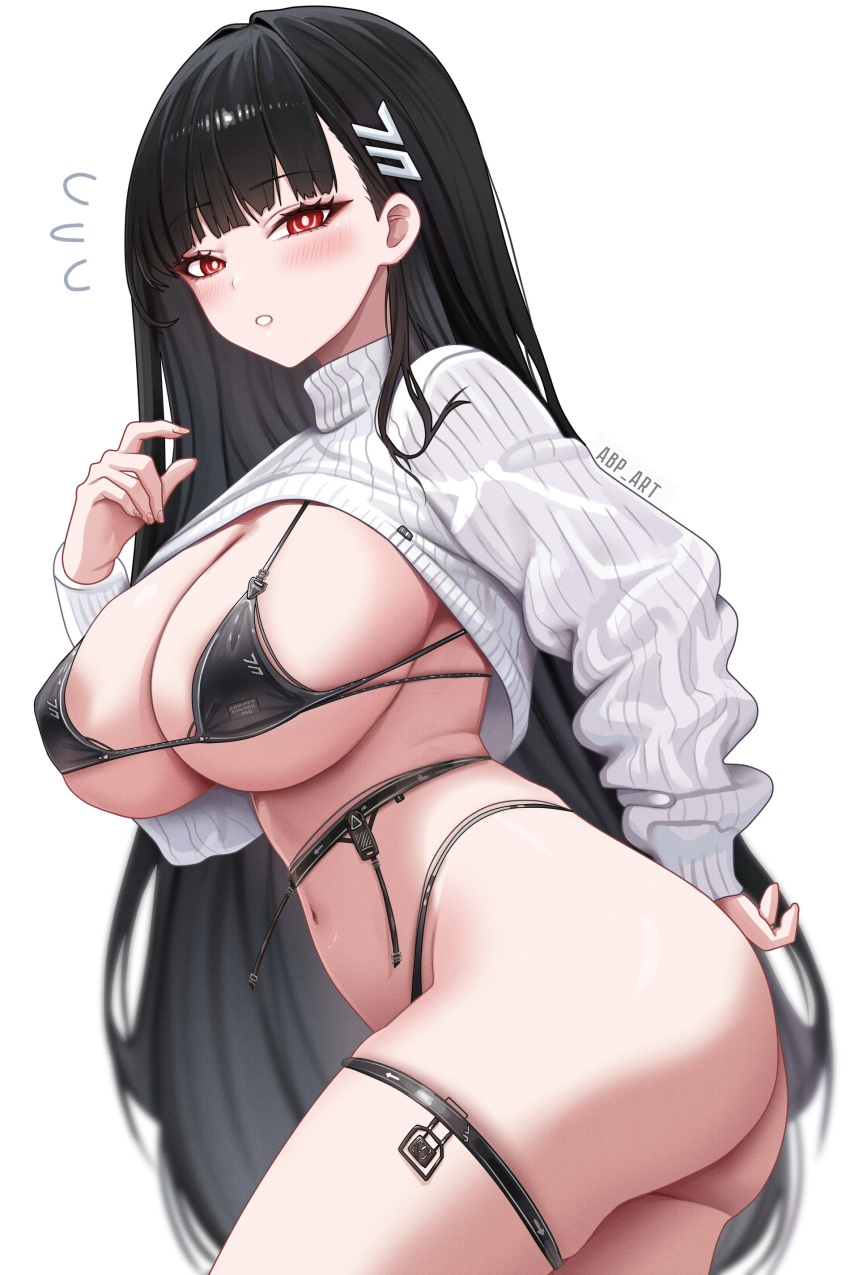 1girl abpart absurdres areola_slip ass bikini black_bikini black_hair blue_archive blush breasts cleavage english_commentary from_side hair_ornament hairclip highres large_breasts long_hair long_sleeves looking_at_viewer looking_to_the_side mixed-language_commentary parted_lips red_eyes rio_(blue_archive) sideboob simple_background solo sweater swimsuit thigh_strap underboob white_background white_sweater