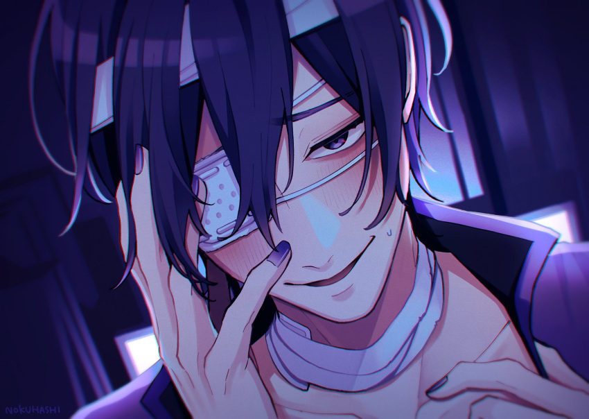 1boy bandaged_head bandaged_neck bandages blush eyepatch hand_on_own_face highres looking_at_viewer male_focus medical_eyepatch nokuhashi one_eye_covered open_mouth purple_eyes purple_hair purple_nails short_hair smile solo taito_(vocaloid) vocaloid