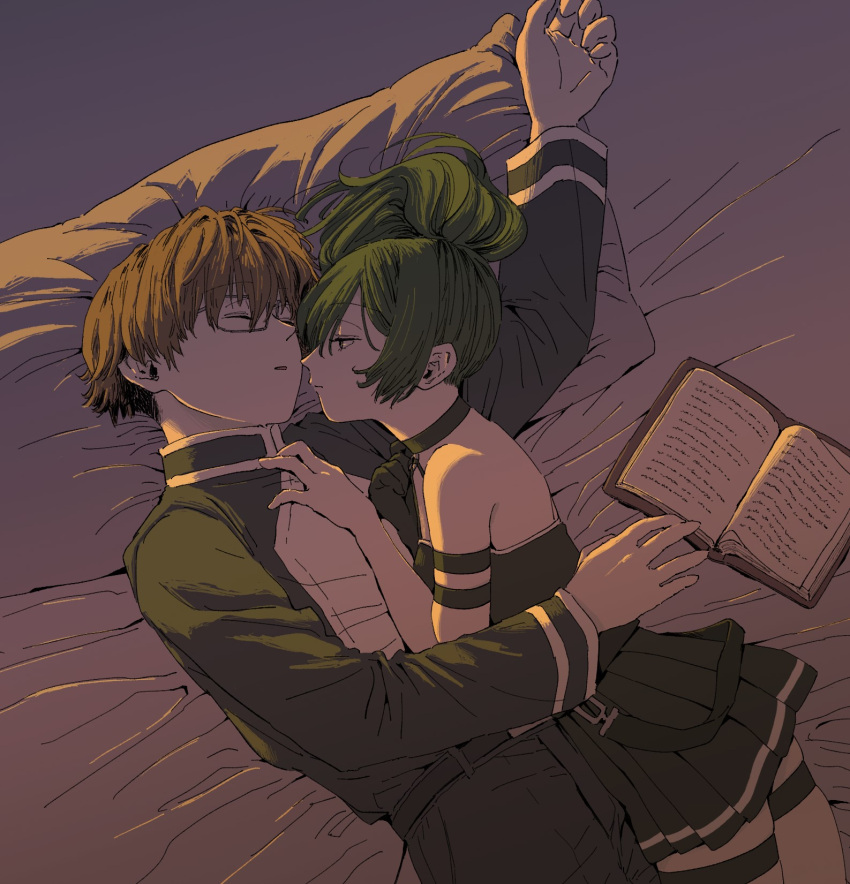 1boy 1girl arm_strap bare_shoulders black_dress black_gloves book brown_hair closed_eyes cowboy_shot dress glasses gloves green_hair hetero highres land_(sousou_no_frieren) long_sleeves looking_at_another lying medium_hair on_bed on_side open_book short_hair single_glove sleeping sousou_no_frieren ubel_(sousou_no_frieren) user_tjvj4534