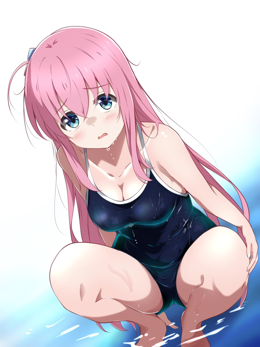 1girl bare_shoulders blue_eyes blue_one-piece_swimsuit blush bocchi_the_rock! borgbutler breasts cleavage collarbone covered_navel cube_hair_ornament gotoh_hitori hair_between_eyes hair_ornament highleg highleg_swimsuit highres long_hair looking_at_viewer one-piece_swimsuit open_mouth partially_submerged pink_hair squatting swimsuit