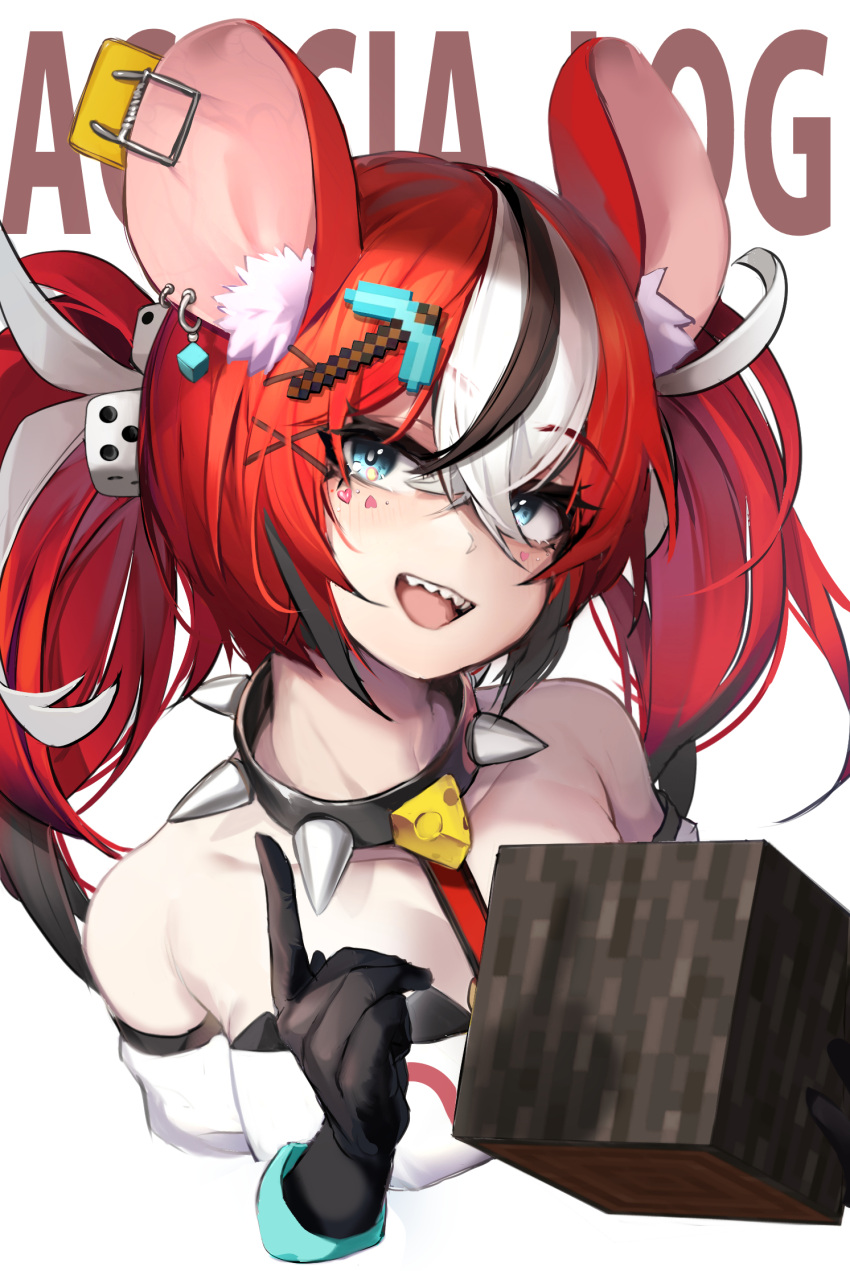 1girl animal_ears bare_shoulders black_gloves black_hair blue_eyes collar dice_hair_ornament dress gloves hair_ornament hakos_baelz hakos_baelz_(1st_costume) highres hololive hololive_english long_hair minecraft minecraft_pickaxe mouse_ears mouse_girl mousetrap multicolored_hair nine_(kanine41) open_mouth red_hair sharp_teeth simple_background sleeveless sleeveless_dress solo spiked_collar spikes streaked_hair teeth twintails virtual_youtuber white_background white_dress white_hair