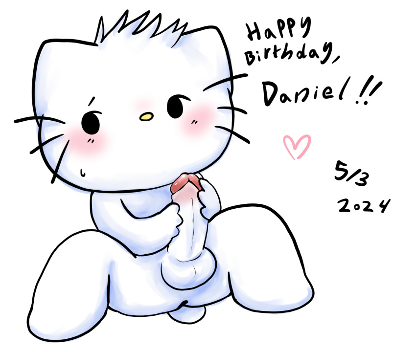 anthro big_penis blush bobtail_cat chibi dear_daniel domestic_cat felid feline felis fur genitals hello_kitty_(series) hi_res kittystarr looking_away male mammal masturbation penis sanrio solo white_body white_fur