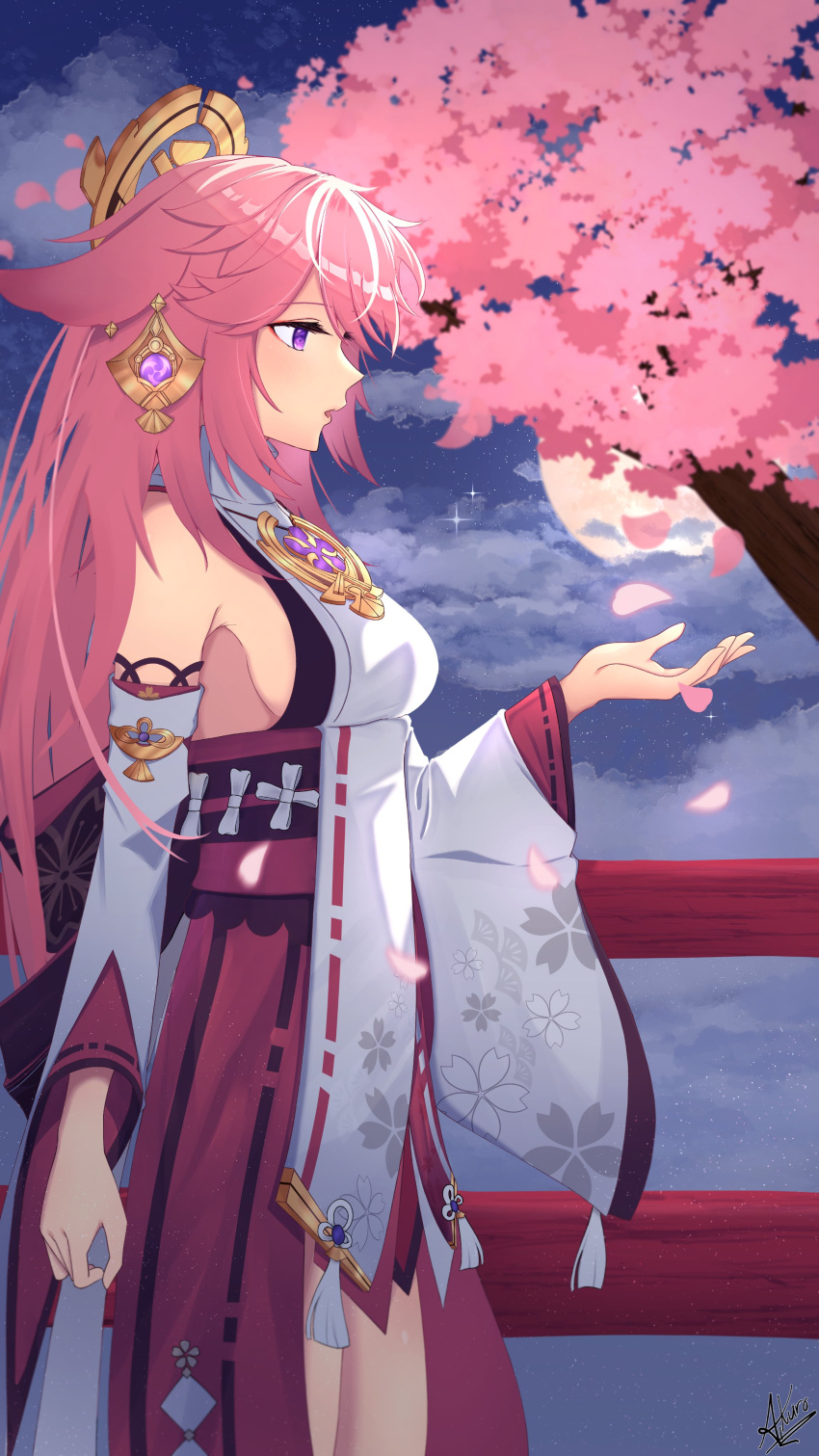 1girl absurdres aikuroalter animal_ears artist_name bare_shoulders breasts cherry_blossoms cloud cloudy_sky commentary detached_sleeves earrings falling_petals fence fox_ears from_side genshin_impact hair_between_eyes hair_ornament hakama hakama_skirt hand_up highres japanese_clothes jewelry long_hair long_sleeves looking_at_hand making-of_available moon night night_sky nontraditional_miko open_mouth outdoors petals pink_hair purple_eyes shirt signature skirt sky sleeveless sleeveless_shirt solo standing star_(sky) tree turtleneck very_long_hair white_shirt wide_sleeves wooden_fence yae_miko