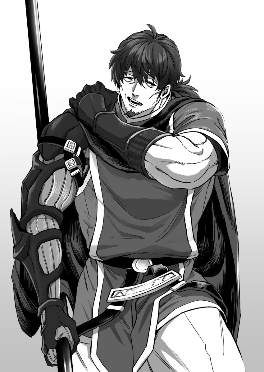 1boy bara belt cape cheekbones facial_hair fate/grand_order fate_(series) gloves goatee gradient_background greyscale haruto_(hit23ewluvnpfo6) hector_(fate) highres holding holding_polearm holding_weapon male_focus mature_male monochrome muscular muscular_male pants polearm ponytail prosthesis prosthetic_arm solo sparse_stubble tunic weapon