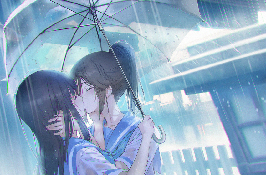 2girls black_hair brown_hair closed_eyes commentary_request hibike!_euphonium holding holding_another's_head holding_umbrella kasaki_nozomi kiss kitauji_high_school_uniform liz_to_aoi_tori maeshima_shigeki multiple_girls ponytail rain school_uniform shared_umbrella shirt transparent transparent_umbrella umbrella wet wet_clothes wet_hair white_shirt yoroizuka_mizore yuri