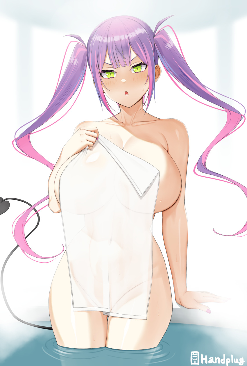 1girl absurdres bare_shoulders blush breasts collarbone demon_tail green_eyes handplug highres hololive large_breasts long_hair looking_at_viewer naked_towel open_mouth purple_hair solo tail thighs tokoyami_towa towel twintails virtual_youtuber