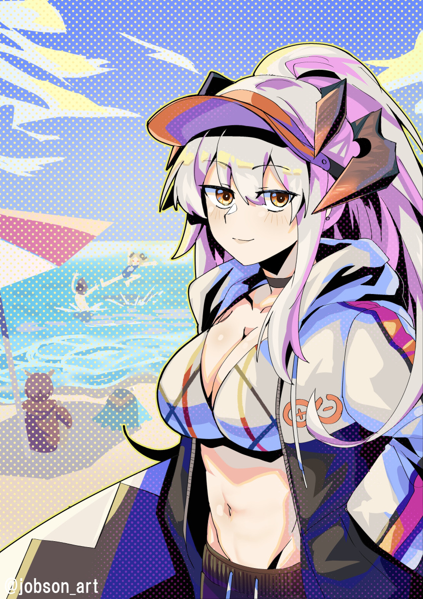 1boy 3girls absurdres arknights beach_umbrella bikini black_choker blue_sky breasts choker cloud commentary day doctor_(arknights) grey_bikini grey_hair highres horns ifrit_(arknights) large_breasts long_hair looking_at_viewer multiple_girls navel ocean outdoors saria_(arknights) silence_(arknights) sky sleepyowl_(jobkung15) smile stomach swimsuit umbrella upper_body visor_cap water yellow_eyes