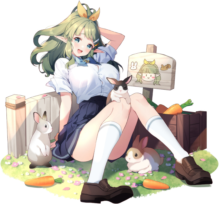 1girl :d arm_behind_head blue_eyes blue_skirt breasts brown_footwear button_gap carrot crate daphne_(eversoul) elf eversoul flower full_body game_cg gate green_hair hair_ornament hairclip kneehighs large_breasts light_blush medium_hair non-web_source official_alternate_costume official_alternate_hairstyle official_art on_grass pink_flower pointy_ears rabbit school_uniform scrunchie shirt short_sleeves sign sitting skirt sleeves_rolled_up smile socks solo tachi-e taut_clothes taut_shirt thighs transparent_background white_flower white_shirt white_socks wing_collar wrist_scrunchie