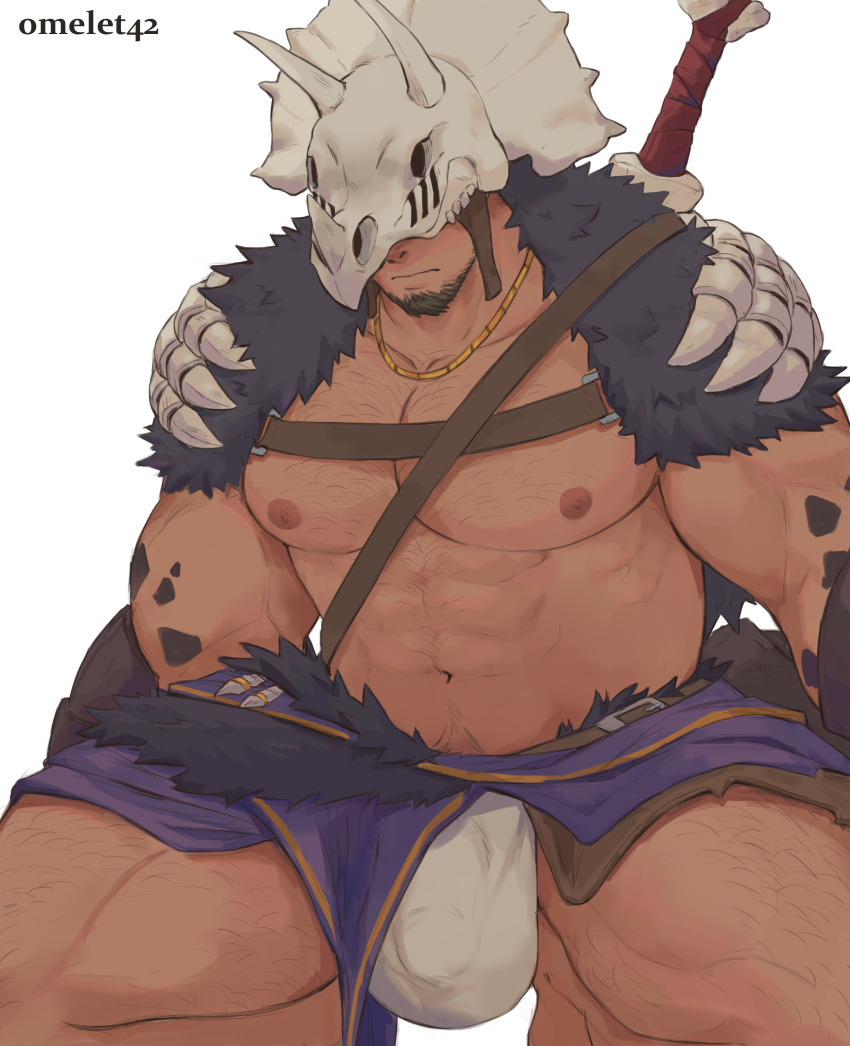 1boy abs absurdres bara bare_pectorals beard_stubble bulge cowboy_shot facial_hair goatee highres large_bulge large_pectorals male_focus mask mature_male muscular muscular_male nipples omelet42 original pectorals skeletal_armor skull_mask solo strongman_waist stubble thick_thighs thighs tribal