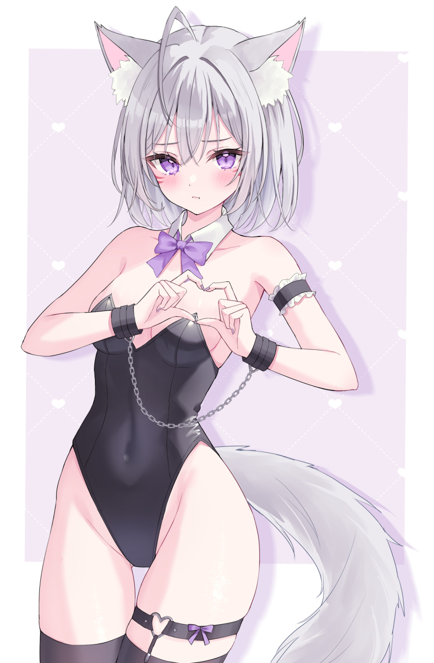 1girl :| absurdres ahoge animal_ear_fluff animal_ears arm_garter bare_shoulders black_leotard black_thighhighs blush bound bound_wrists bow bowtie breasts cleavage closed_mouth commission covered_navel cowboy_shot crossed_bangs detached_collar dot_nose facial_mark fox_ears fox_girl fox_tail grey_hair hair_between_eyes heart heart_hands highleg highleg_leotard highres legs_together leotard looking_at_viewer medium_breasts medium_hair original purple_bow purple_bowtie purple_eyes sidelocks skeb_commission solo suineco tail thigh_gap thighhighs