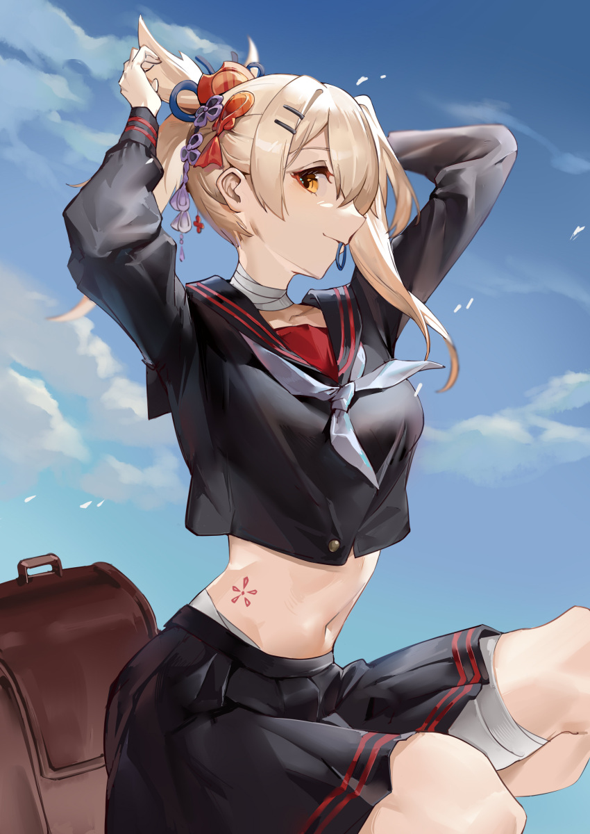 1girl absurdres adjusting_hair alternate_costume arms_up bandaged_leg bandaged_neck bandages black_serafuku black_shirt blonde_hair blue_sky breasts briefcase closed_mouth collarbone cowboy_shot cropped_shirt from_side genshin_impact hair_ornament hair_tie_in_mouth highres hip_tattoo looking_at_viewer looking_to_the_side medium_breasts medium_hair mouth_hold navel neckerchief orange_eyes pleated_skirt school_uniform serafuku shenbaibaibaibaibaibaibai shirt skirt sky solo squatting stomach updo white_neckerchief yoimiya_(genshin_impact)