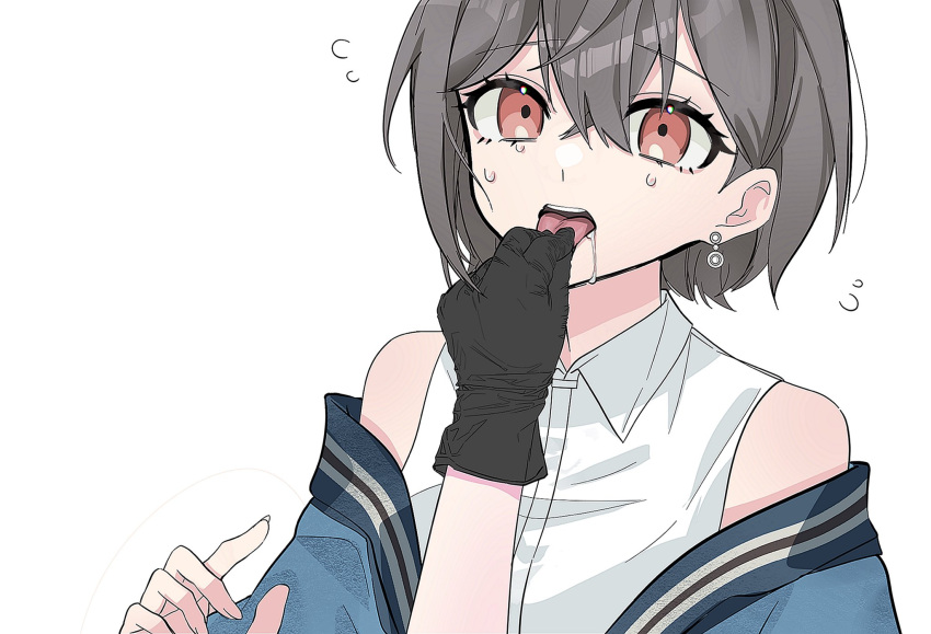 1girl 1other bang_dream! bang_dream!_it's_mygo!!!!! black_gloves blue_jacket brown_eyes collared_shirt commentary_request dress_shirt earrings gloves grey_hair highres jacket jewelry korean_commentary off_shoulder open_clothes open_jacket pulling_tongue shirt short_hair simple_background sooyo211 sweat takamatsu_tomori tongue tongue_out white_background white_shirt