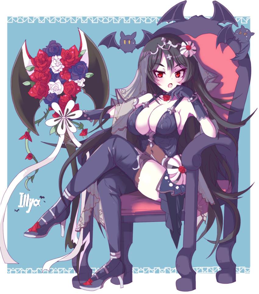 absurdres axe bat_(animal) black_flower black_gloves black_hair black_rose black_veil boots bouquet breasts chair character_name crossed_legs double-sided_axe flower gloves highres holding holding_axe ilya_(ceremonial)_(princess_connect!) ilya_(princess_connect!) large_breasts long_hair princess_connect! red_eyes red_flower red_rose rose sitting thigh_boots veil white_flower white_rose yamada_(hvcij)