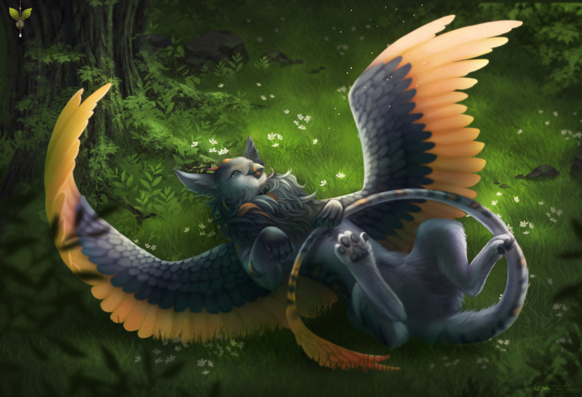 2018 avian beak black_beak digital_media_(artwork) feathered_wings feathers feral forest gosetsuki gryphon lying on_back solo tree wings yellow_feathers