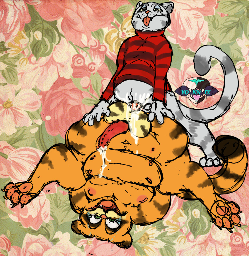 anthro artist_logo bodily_fluids clothing crying cum cum_inside domestic_cat duo felid felidae feline felis floral_background floral_print forced fritz_the_cat fritz_the_cat_(character) garfield_(series) garfield_the_cat genital_fluids hands_behind_back hi_res logo looking_pleasured looking_scared male male/male mammal pain painful_penetration pawpads rape spread_legs spreading sweater tears tongue tongue_out topwear turtleneck yelling yonnixart