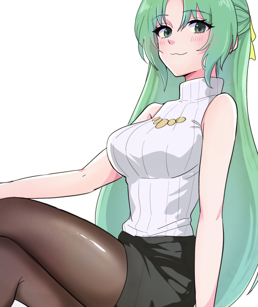 1girl :3 arm_support bare_shoulders black_skirt blush breasts casual closed_mouth crossed_legs green_eyes green_hair highres higurashi_no_naku_koro_ni jewelry large_breasts long_hair looking_at_viewer pantyhose pencil_skirt ponytail ribbed_sweater shirt simple_background sitting skirt sleeveless sleeveless_turtleneck smile solo sonozaki_shion sweater thighs turtleneck turtleneck_sweater very_long_hair white_background white_sweater yuno_ff