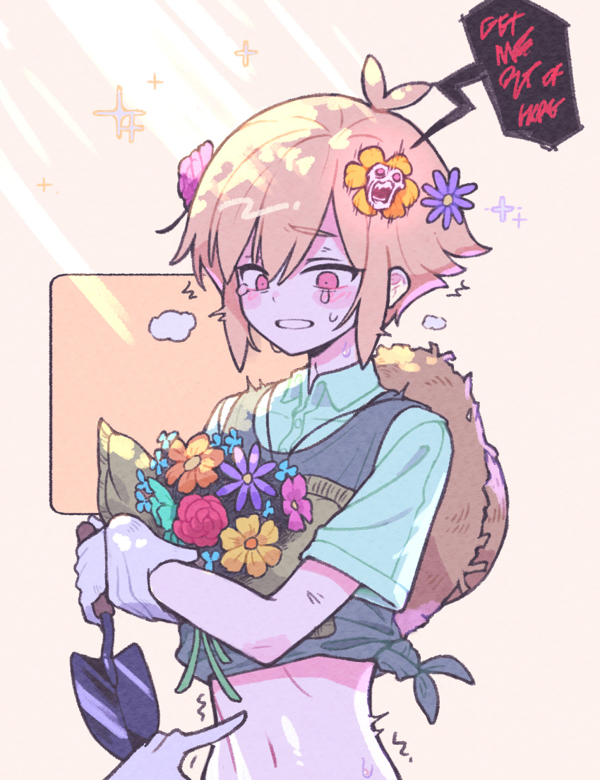 1boy basil_(faraway)_(omori) basil_(omori) blonde_hair blush collared_shirt crop_top disembodied_limb english_text flower flowey_(undertale) green_shirt hair_flower hair_ornament highres holding holding_flower holding_shovel looking_at_viewer mechafrshrimp navel omori parted_lips red_eyes shirt short_hair shovel speech_bubble sweat tearing_up teeth undertale upper_body