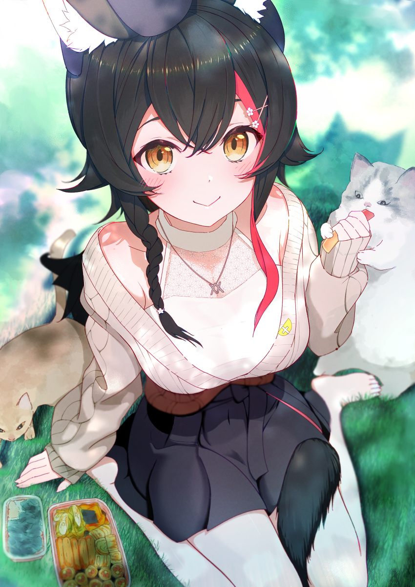 1girl absurdres animal_ear_fluff animal_ears barefoot black_hair black_skirt blush cardigan cat grey_cardigan hair_ornament hairpin halter_shirt halterneck highres hihi_(oekakihix) hololive long_hair looking_at_viewer official_alternate_costume ookami_mio ookami_mio_(street) red_hair shirt skirt sleeveless sleeveless_shirt smile tail tail_around_own_leg virtual_youtuber white_shirt wolf_ears wolf_girl wolf_tail yellow_eyes