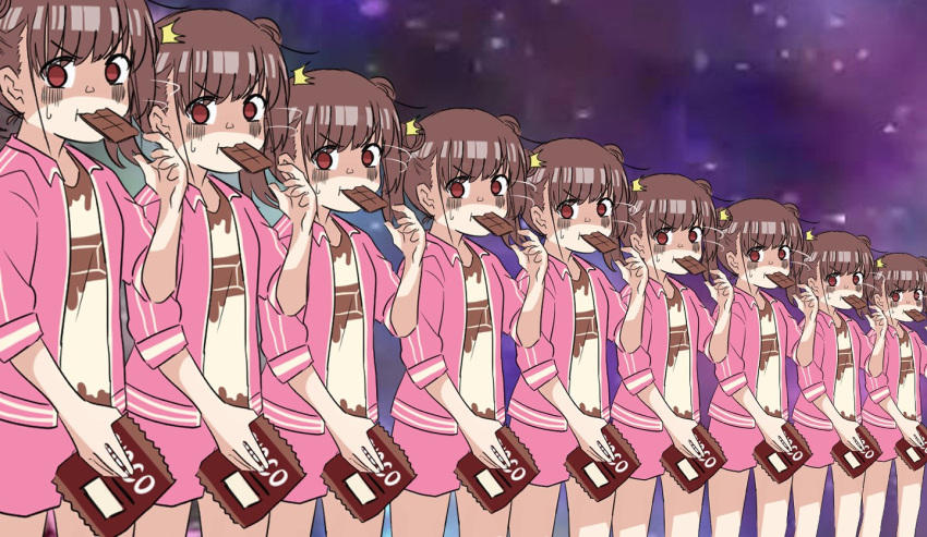 1girl bag brown_hair brown_shirt chocolate double_bun eating gloom_(expression) hair_bun holding holding_bag idolmaster idolmaster_shiny_colors jacket jojo_no_kimyou_na_bouken mouth_hold open_clothes open_jacket pink_jacket pink_shorts scene_reference seal_007 shirt short_hair shorts small_sweatdrop sonoda_chiyoko turning_head vento_aureo