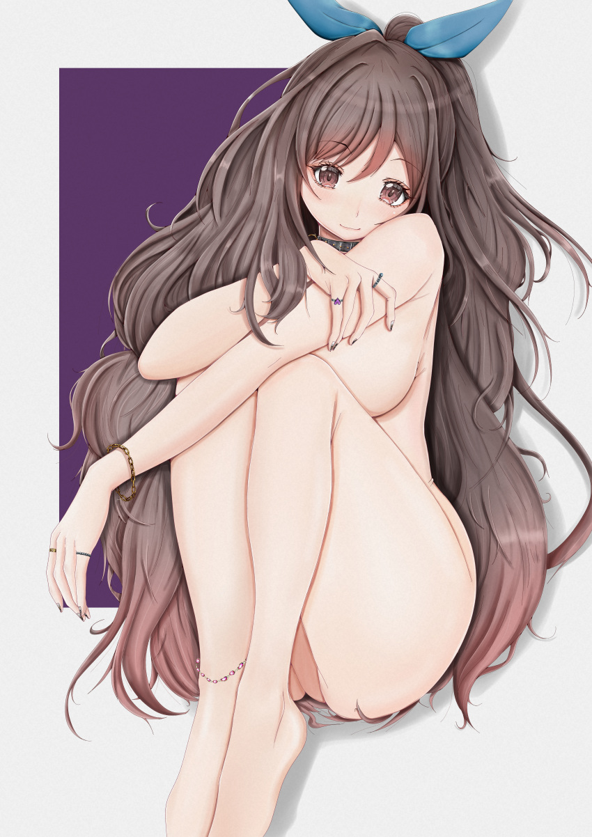 1girl absurdres animal_collar blush breasts brown_hair chain_bracelet collar completely_nude fingernails highres idolmaster idolmaster_shiny_colors jewelry knees_up large_breasts long_hair looking_at_viewer momi_ekaki nail_polish nude ring sitting smile solo tsukioka_kogane very_long_hair