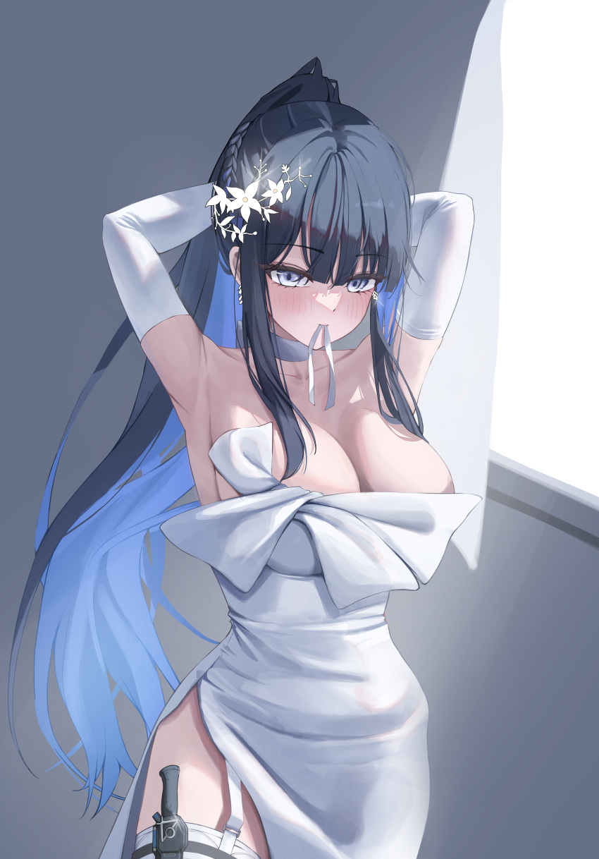 1girl absurdres armpits blue_archive blue_hair blush braid breasts choker cleavage collarbone colored_inner_hair cowboy_shot dress elbow_gloves flower garter_straps gloves grey_eyes hair_flower hair_ornament highres holster large_breasts long_hair moko_(jw7436) mouth_hold multicolored_hair no_halo ponytail saori_(blue_archive) saori_(dress)_(blue_archive) side_slit sidelocks solo strapless strapless_dress thigh_holster tying_hair very_long_hair white_dress white_gloves window