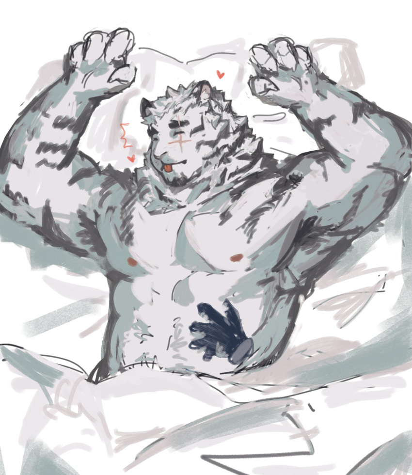 1boy abs animal_ears arknights armpits arms_up bara belly_rub closed_eyes cross_scar disembodied_limb english_commentary furry furry_male highres lodgebert male_focus mountain_(arknights) nipples on_bed pectorals scar scar_across_eye scar_on_cheek scar_on_face tiger_boy tiger_ears tiger_stripes tongue tongue_out topless_male