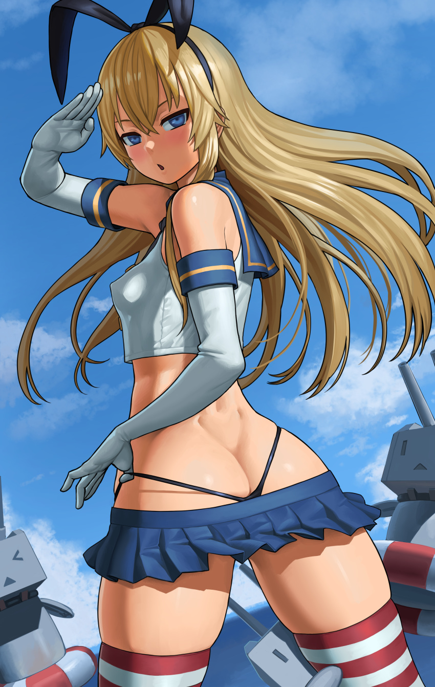 :o absurdres ass back bangs bare_shoulders black_panties blonde_hair blue_eyes blue_skirt blush breasts butt_crack cloud cloudy_sky crop_top day dimples_of_venus elbow_gloves eyebrows_visible_through_hair from_behind gloves hair_between_eyes hairband highleg highleg_panties highres kantai_collection lasterk lifebuoy long_hair looking_at_viewer looking_back microskirt miniskirt open_mouth paid_reward panties patreon_reward pleated_skirt rensouhou-chan sailor_collar salute school_uniform serafuku shimakaze_(kantai_collection) skindentation skirt sky small_breasts solo standing striped striped_legwear thighhighs thong underwear white_gloves