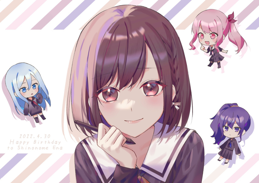 1other 25-ji_nightcord_de._(project_sekai) 3girls akiyama_mizuki asahina_mafuyu black_dress black_neckerchief black_sailor_collar black_shirt black_skirt black_thighhighs blue_eyes blue_hair blue_neckerchief braid brown_eyes brown_hair character_name chibi chibi_inset closed_mouth commentary dated double-parted_bangs dress gradient_sweater grey_sweater hair_between_eyes hair_ornament hand_up happy_birthday highres holding holding_pencil index_finger_raised light_blue_hair long_hair long_sleeves looking_at_another looking_at_viewer momokitty multiple_girls neckerchief open_mouth pencil pink_eyes pink_hair project_sekai purple_eyes purple_hair red_neckerchief sailor_collar shinonome_ena shirt short_hair short_sleeves side_braid side_ponytail sidelocks simple_background single_braid skirt sleeves_past_fingers sleeves_past_wrists smile solo_focus striped_background sweater thighhighs two-tone_neckerchief very_long_hair white_background white_sailor_collar yellow_neckerchief yoisaki_kanade