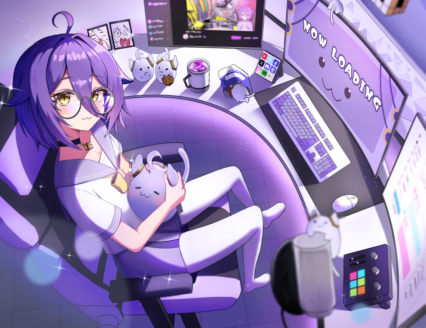 1girl :3 absurdres ahoge black_choker bow bowtie chair choker collarbone cup desk from_above gaming_chair glasses hair_between_eyes henya_the_genius henya_the_genius_(2nd_costume) highres kaminose_(user_veum4325) keyboard_(computer) livestream microphone monitor mouse_(computer) pantyhose purple_hair purple_sailor_collar round_eyewear sailor_collar school_uniform shirt short_hair sitting sparkle swivel_chair virtual_youtuber vshojo white_pantyhose white_shirt yellow_bow yellow_bowtie yellow_eyes