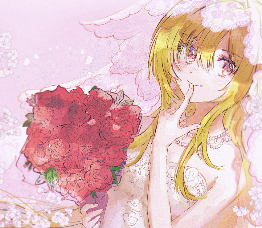 1girl blonde_hair bouquet breasts bridal_veil dress finger_to_mouth flower hair_between_eyes hamachamu holding holding_bouquet idolmaster idolmaster_cinderella_girls idolmaster_cinderella_girls_starlight_stage jewelry kurosaki_chitose long_hair necklace pearl_necklace red_eyes red_flower small_breasts smile solo strapless strapless_dress upper_body veil wedding_dress white_dress