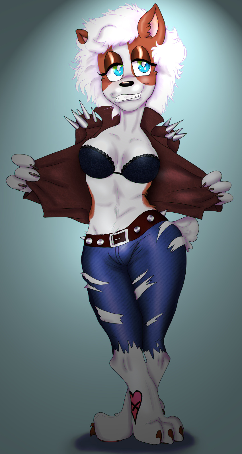 absurd_res alternative_fashion anthro bottomwear bra canid canine clothing denim denim_bottomwear denim_clothing fan_character female hi_res jeans mammal nytrodioxide pants punk solo solo_focus teasing torn_bottomwear torn_clothing torn_jeans torn_pants underwear