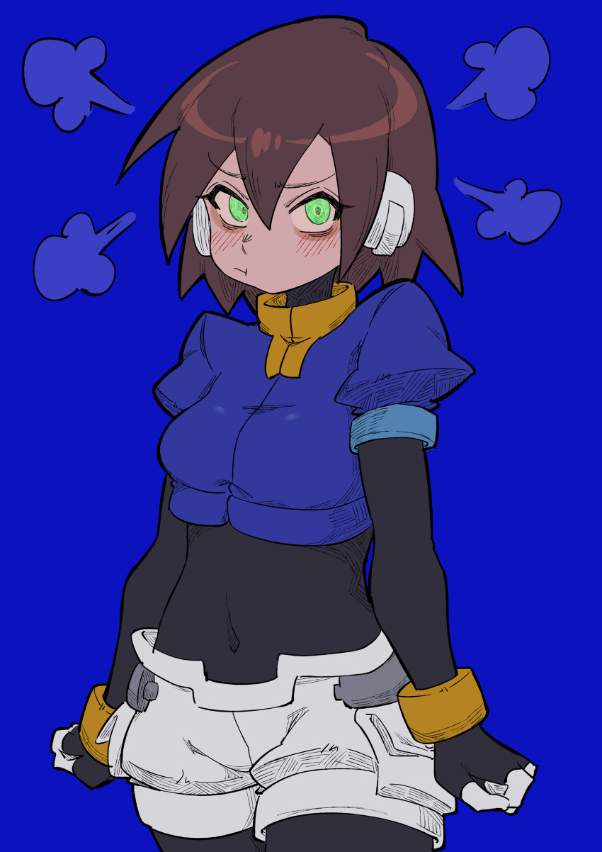 1girl absurdres aile_(mega_man_zx) black_bodysuit blue_background blue_jacket blush bodysuit bodysuit_under_clothes brown_hair buzzlyears covered_navel cowboy_shot cropped_jacket glowing glowing_eyes green_eyes highres jacket looking_at_viewer mega_man_(series) mega_man_zx pout robot_ears short_hair shorts simple_background white_shorts