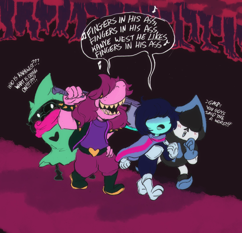 &lt;3 axe blush caprine deltarune dialogue dragon english_text goat hat human kris_(deltarune) lancer_(deltarune) lizard mammal melee_weapon orangelemon ralsei reptile scalie scarf singing susie_(deltarune) text unknown_species weapon