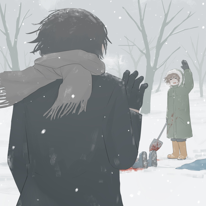 1boy 1girl absurdres atmospheric_perspective avogado6 bare_tree black_gloves black_hair blood blood_on_clothes blood_splatter boots breath brown_hair closed_eyes coat corpse from_behind fur-trimmed_coat fur_trim gloves highres hood long_sleeves murder open_mouth original outdoors scarf short_hair shovel smile snow snowing standing tree waving winter winter_clothes winter_coat