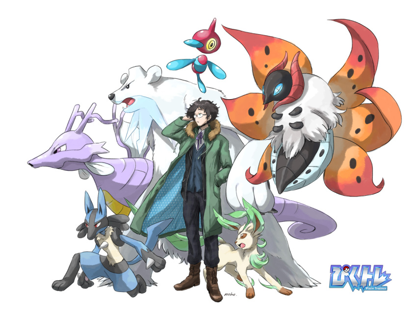 artist_name beartic black_eyes black_hair black_pants blue_eyes brown_eyes brown_footwear coat copyright_name fur_trim glasses green_coat hand_in_pocket hand_up kingdra leafeon lucario matsuri6373 messy_hair open_mouth pants pixiv_trainer pokemon_(creature) porygon-z red_eyes standing vest volcarona white_background yellow_eyes