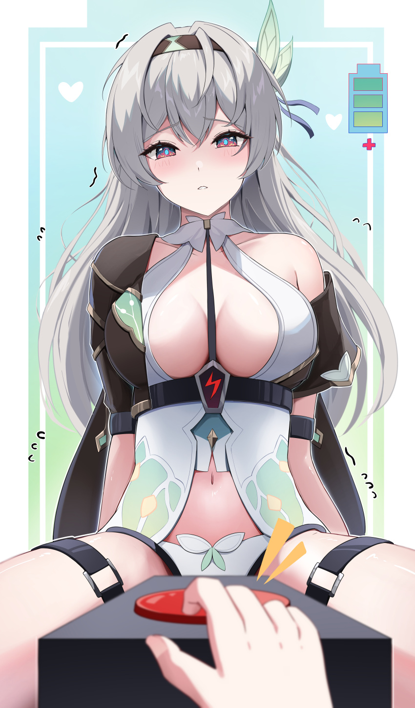 1girl 1other absurdres black_hairband blush breasts commentary_request firefly_(honkai:_star_rail) grey_hair hairband highres honkai:_star_rail honkai_(series) large_breasts long_hair looking_at_viewer navel off_shoulder parted_lips purple_eyes single_bare_shoulder sitting solo_focus thigh_strap very_long_hair yeni1871