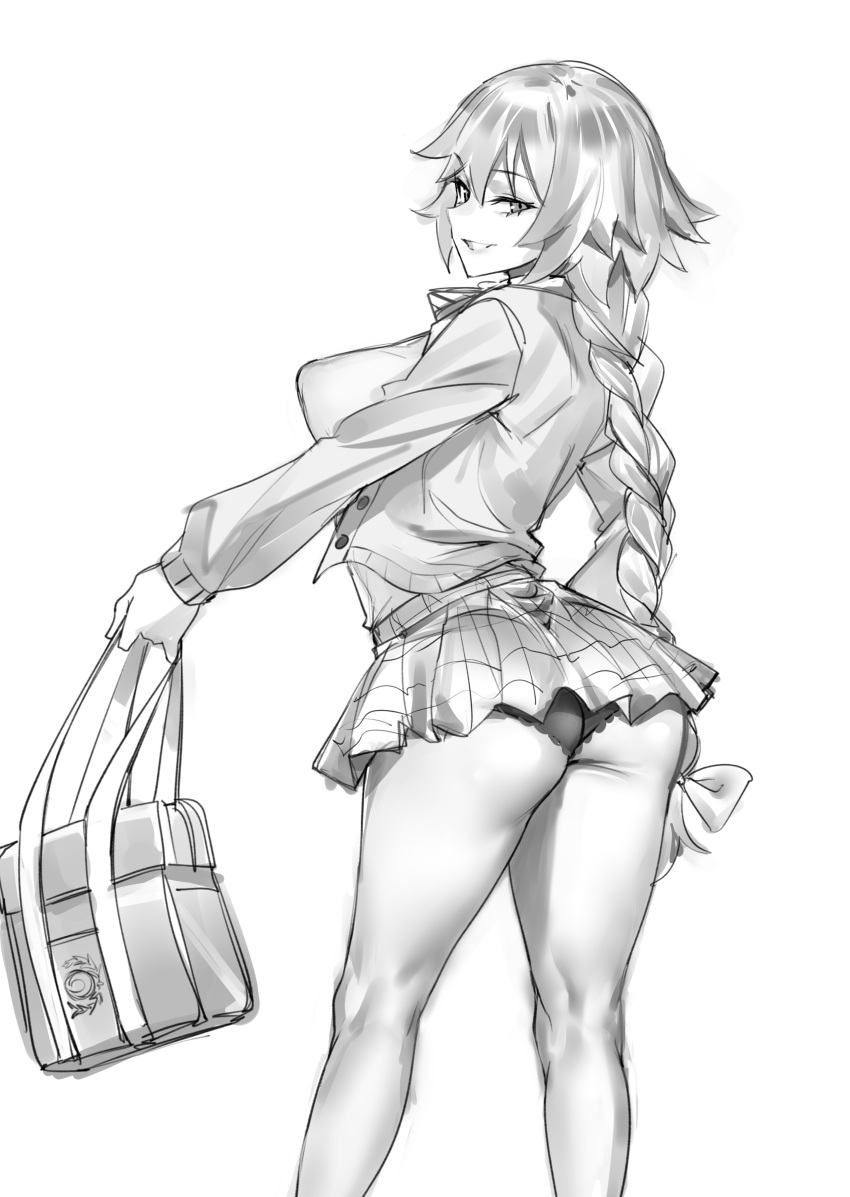 1girl absurdres ass bag blush braid braided_ponytail breasts chaldea_logo covered_nipples das_(dan_dan) fate/apocrypha fate/grand_order fate_(series) greyscale grin highres holding holding_bag jeanne_d'arc_(fate) jeanne_d'arc_(ruler)_(fate) kneepits large_breasts long_hair looking_at_viewer looking_back miniskirt monochrome panties skirt smile solo thighs underwear very_long_hair