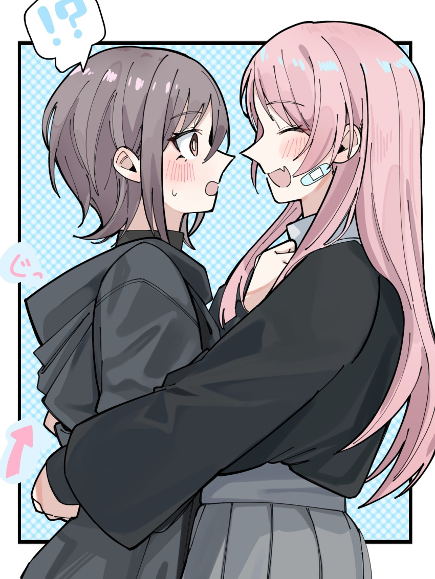 !? 2girls bandaid bandaid_on_face bang_dream! bang_dream!_it's_mygo!!!!! black_sweater blush border brown_eyes chihaya_anon closed_eyes commentary cowboy_shot fang grey_hair grey_jacket highres hood hood_down hooded_jacket hug jacket long_hair long_sleeves looking_at_another multiple_girls nanami_(nunnun_0410) open_mouth outside_border pink_hair short_hair sidelocks skin_fang spoken_interrobang sweatdrop sweater takamatsu_tomori white_border yuri