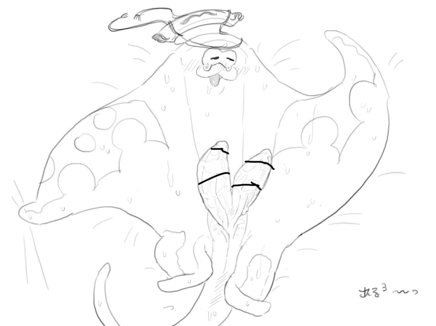 2_penises :3 animal_genitalia animal_penis anthro bed big_man_(splatoon) blush bodily_fluids cloacal_penis erection fish flat_body furniture genitals hemipenes hi_res lying male manta_ray marine multi_genitalia multi_penis nintendo on_back penis ray_(fish) saba_subdup solo splatoon stingray sweat