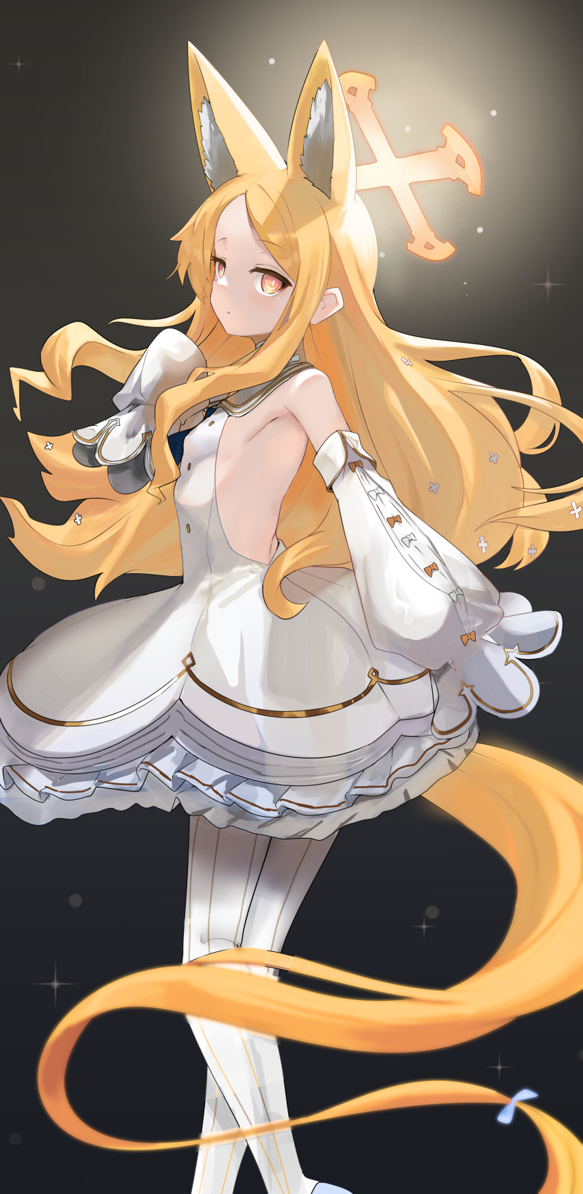 1girl absurdres animal_ear_fluff animal_ears backless_outfit blonde_hair blue_archive bow breasts cruciform_halo detached_sleeves dress expressionless extra_ears flower forehead fox_ears frilled_dress frills glowing glowing_halo gold_trim gradient_eyes hair_flower hair_ornament halo highres long_hair looking_at_viewer multicolored_eyes pantyhose seia_(blue_archive) sidelocks simple_background sleeve_bow sleeves_past_fingers sleeves_past_wrists small_breasts solo sparkle standing striped_clothes striped_pantyhose tail tail_bow tail_ornament tail_under_clothes vertical-striped_clothes vertical-striped_pantyhose very_long_hair white_dress yellow_eyes yellow_halo yoshizawa_tsubaki