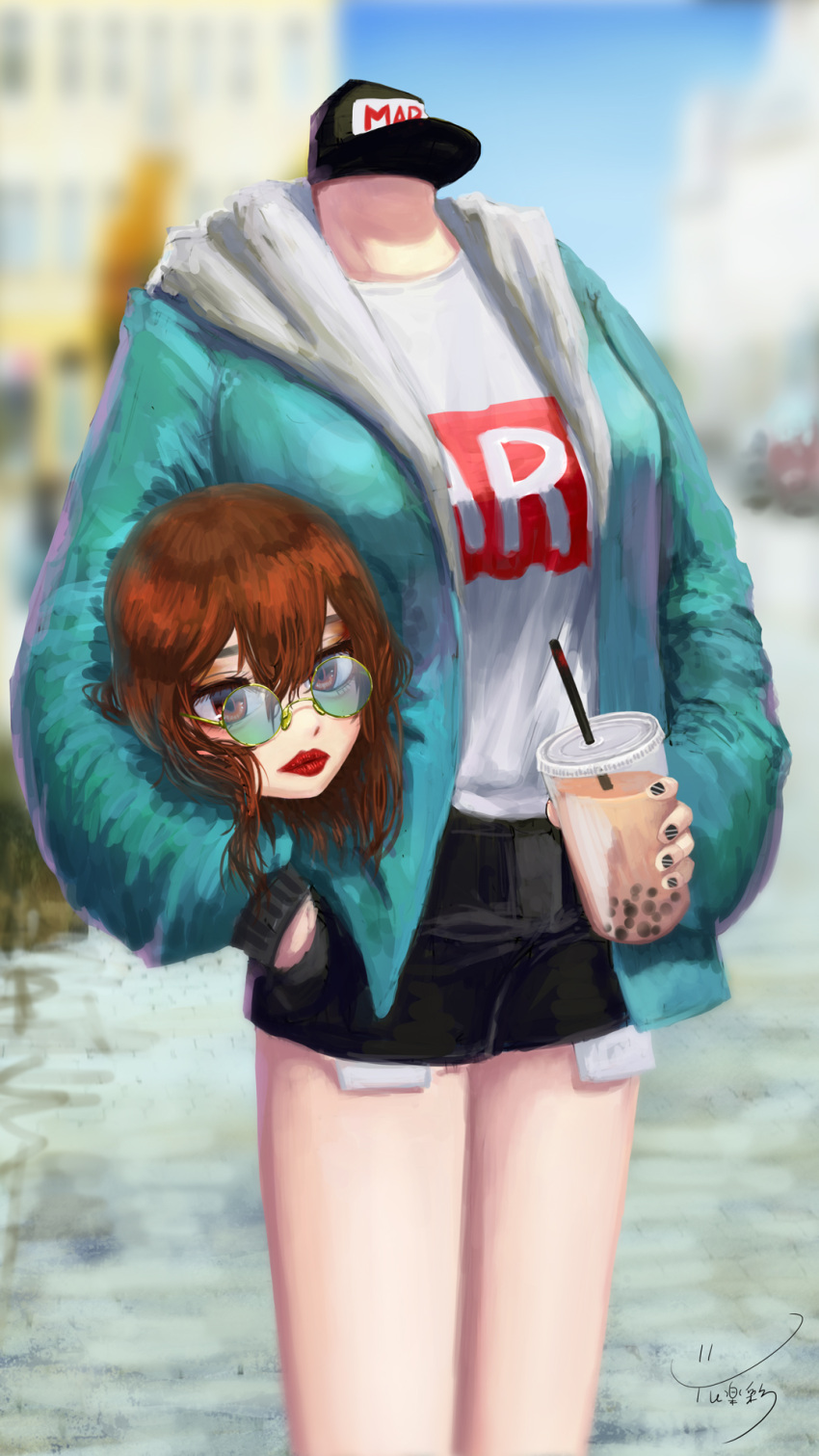 1girl black_hat black_nails black_shorts blurry blurry_background breasts brown_eyes brown_hair bubble_tea building double-parted_bangs drink dullahan green_hoodie hat headless highres holding holding_drink hood hoodie lipstick long_sleeves looking_at_viewer makeup medium_breasts medium_hair original painterly portrait puffy_long_sleeves puffy_sleeves road round_eyewear severed_head shirt shorts signature street t-shirt yurakusai