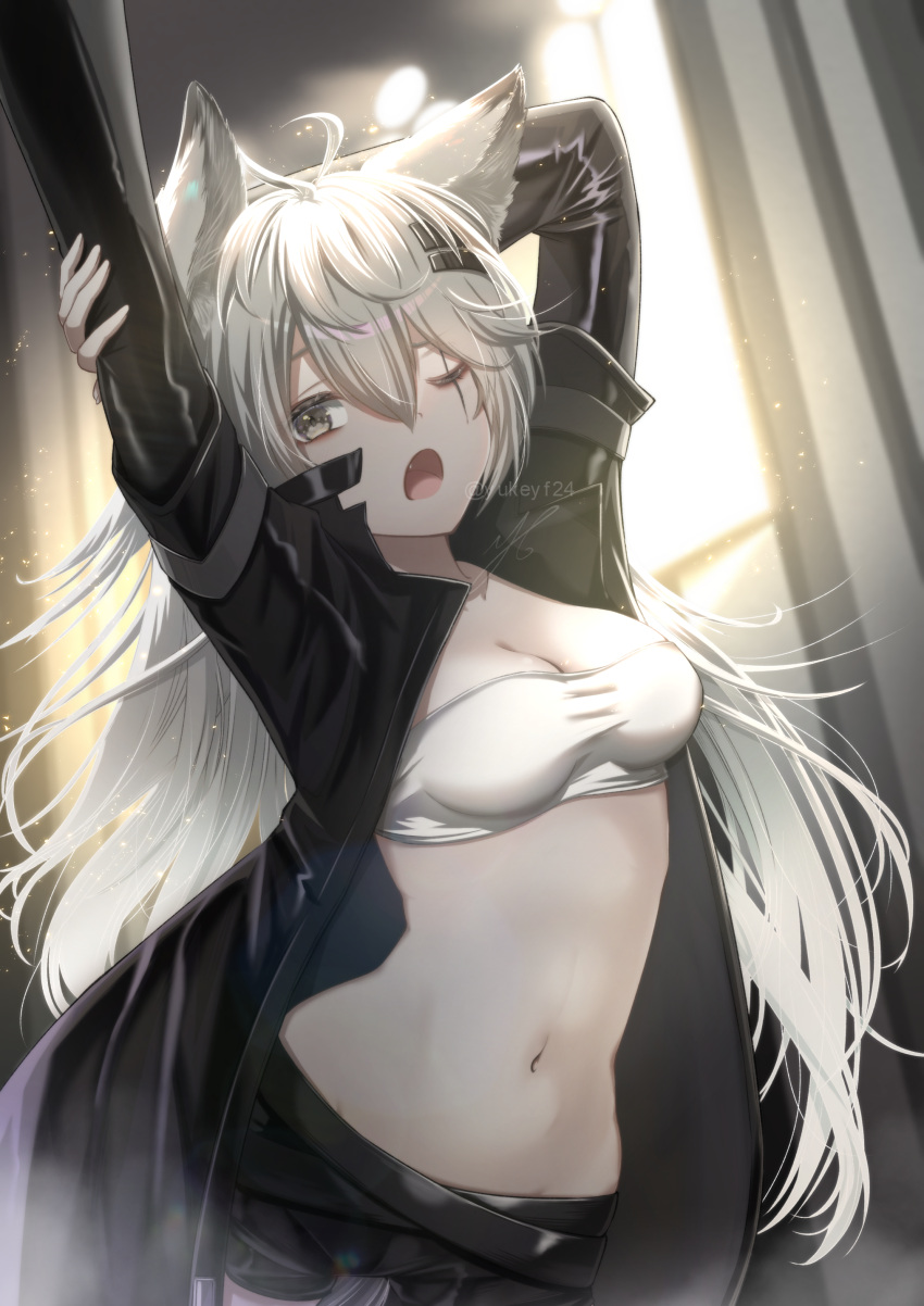 1girl absurdres animal_ear_fluff animal_ears arknights arm_up bandeau black_coat black_shorts bloom breasts cleavage coat commentary_request cowboy_shot grey_eyes groin hair_between_eyes hair_ornament hairclip hand_on_own_arm highres lappland_(arknights) light_particles long_hair long_sleeves looking_at_viewer medium_breasts midriff navel one_eye_closed open_clothes open_coat open_mouth outstretched_arm partial_commentary scar scar_across_eye short_shorts shorts solo standing stretching twitter_username watermark white_bandeau white_hair wolf_ears wolf_girl yawning yukeyf