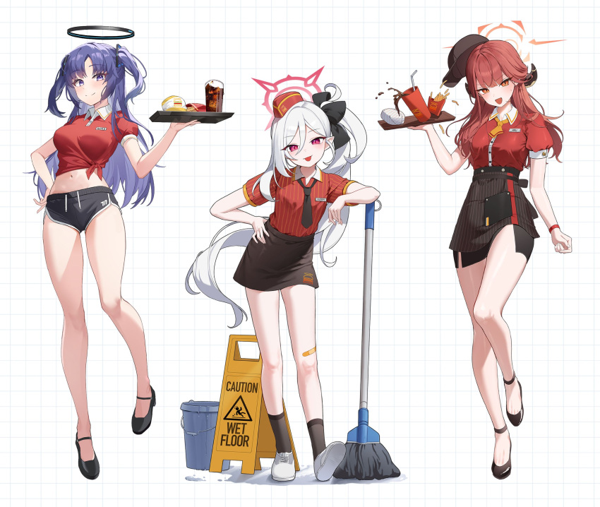 3girls apron aru_(blue_archive) black_footwear blue_archive blush breasts brown_horns burger collared_shirt demon_horns dolphin_shorts drinking_straw fast_food food french_fries full_body garrison_cap gym_shorts halo hand_on_own_hip hat highres holding holding_tray horns jeon-eo_konoshiro long_hair looking_at_viewer mechanical_halo medium_breasts medium_hair mop mop_bucket multiple_girls navel official_alternate_costume open_mouth pencil_skirt promotional_art puffy_short_sleeves puffy_sleeves purple_eyes purple_hair red_shirt shirt short_shorts short_sleeves shorts side_ponytail simple_background skirt smile soda solo standing thick_thighs thighs tied_shirt tray triangle_hair_ornament twintails uniform waist_apron waitress wet_floor_sign white_background white_hair yellow_eyes yuuka_(blue_archive)