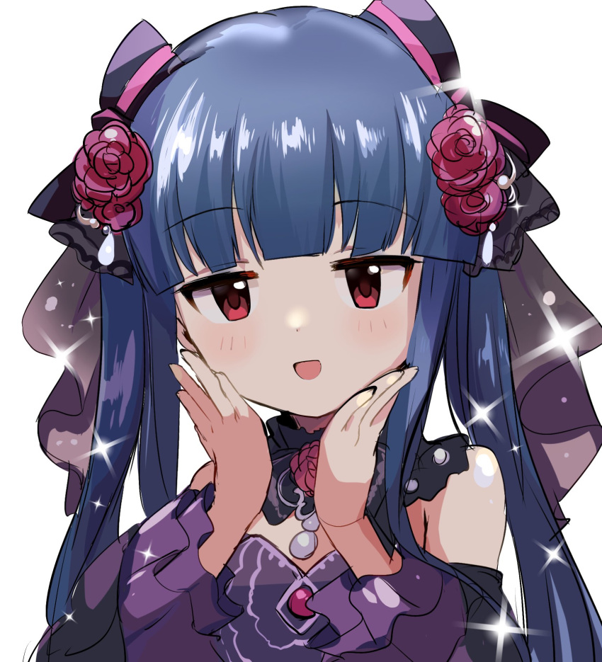 1girl :d armpit_crease black_bow blue_hair blunt_bangs blush bow collar commentary_request detached_sleeves dodotsuki dot_nose dress flower frilled_collar frilled_sleeves frills hair_bow hair_flower hair_ornament hands_on_own_cheeks hands_on_own_face hands_up highres idolmaster idolmaster_cinderella_girls long_hair looking_at_viewer open_mouth purple_dress purple_flower purple_rose purple_sleeves red_eyes rose sajo_yukimi sidelocks simple_background smile solo sparkle straight_hair twintails upper_body white_background