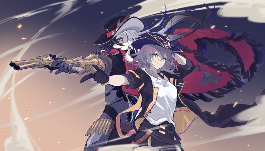 1boy 1girl arm_up black_shorts boothill_(honkai:_star_rail) commentary grey_hair gun highres holding holding_gun holding_weapon honkai:_star_rail honkai_(series) mao_(expuella) revolver shirt short_sleeves shorts stelle_(honkai:_star_rail) trailblazer_(honkai:_star_rail) upper_body weapon white_hair white_shirt yellow_eyes