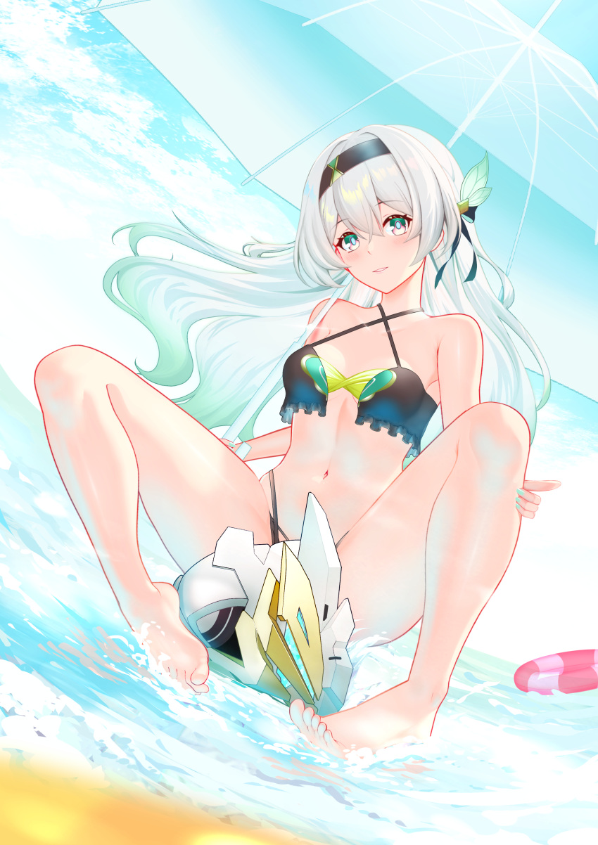 1girl absurdres aqua_hair aqua_nails bare_legs bare_shoulders barefoot bikini black_bikini black_hairband colored_inner_hair commentary criss-cross_halter firefly_(honkai:_star_rail) grin hairband halterneck helmet highres honkai:_star_rail honkai_(series) innertube looking_at_viewer multicolored_hair nail_polish navel parted_lips sam_(honkai:_star_rail) sitting smile solo stomach swim_ring swimsuit thighs umbrella white_hair yuan_(xp1447998769)