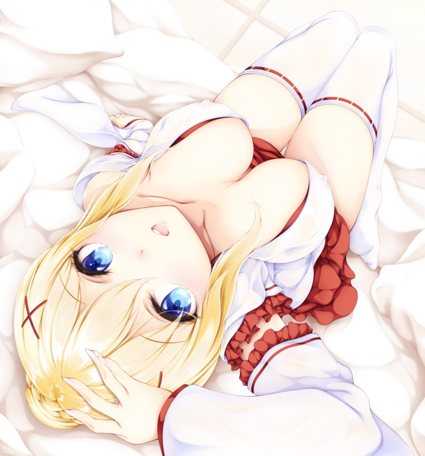 1girl alternate_costume bed_sheet blonde_hair blue_eyes boldcats breasts breasts_apart collarbone covered_nipples darkness_(konosuba) detached_sleeves downblouse frilled_sleeves frills hair_ornament hand_up highres japanese_clothes kimono kono_subarashii_sekai_ni_shukufuku_wo! large_breasts long_sleeves looking_at_viewer looking_up lying miko on_back open_clothes open_kimono open_mouth solo thighhighs thighs white_kimono white_thighhighs x_hair_ornament