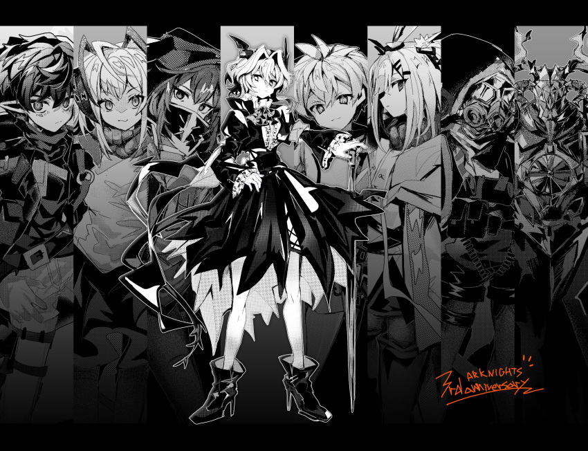 4boys 4girls ahoge animal_ears ankle_boots anniversary antenna_hair arknights armor boots commentary_request copyright_name crownslayer_(arknights) dress empty_eyes faust_(arknights) feet_out_of_frame fjsk frostnova_(arknights) frown full_body gas_mask highres holding holding_sword holding_weapon horns jacket looking_at_viewer mask mephisto_(arknights) monochrome multiple_boys multiple_girls pants patriot_(arknights) pointy_ears rabbit_ears scarf shirt skullshatterer_(arknights) smile sword talulah_(arknights) torn_clothes w_(arknights) weapon