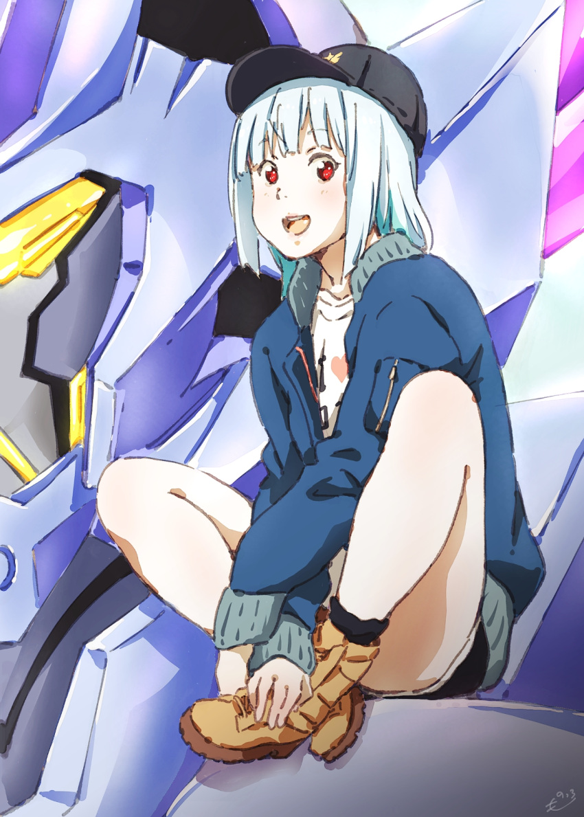 1girl :d blue_jacket brown_footwear crossed_ankles hat highres jacket knees_up long_sleeves lulu_(bang_bravern) mecha monodevil red_eyes robot sitting sitting_on_shoulder smile superbia_(bravern) white_hair yuuki_bakuhatsu_bang_bravern