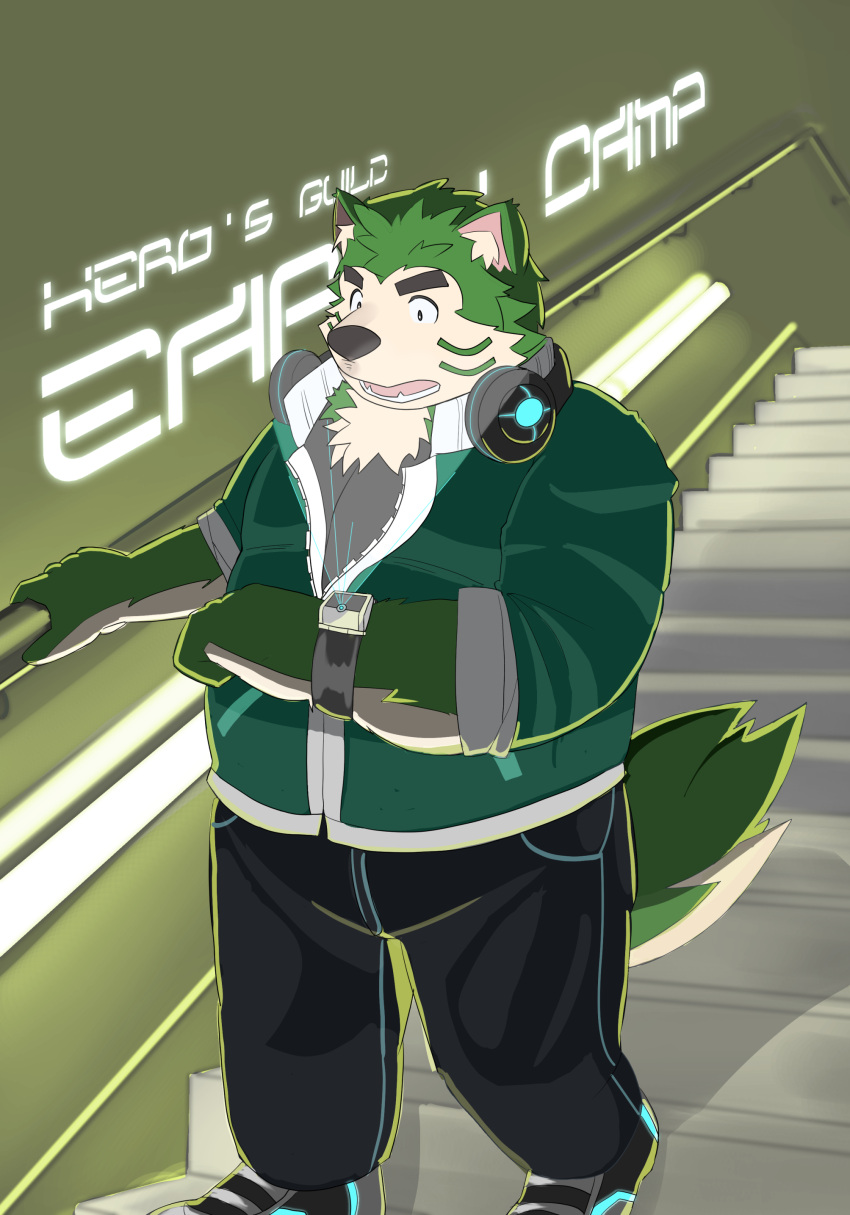 absurd_res anthro canid canine canis clock clothing domestic_dog electronics eyebrows fur green_body green_fur headphones headphones_around_neck hi_res jacket lifewonders live_a_hero male mammal mokdai overweight solo stairs thick_eyebrows topwear toto3_official watch wristwatch